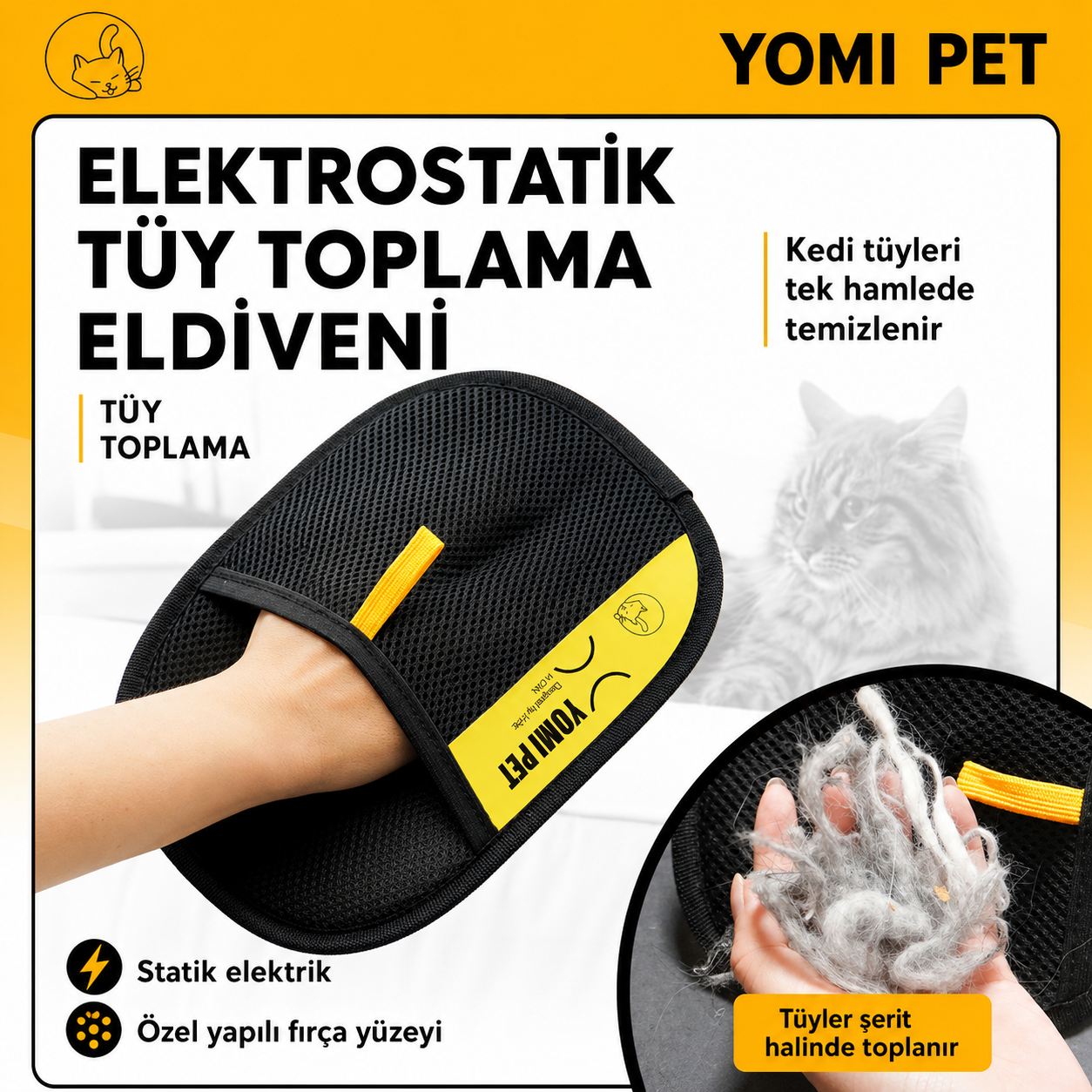 YOMI PET Tüy Toplayıcı Eldiven - Kedi & Köpek Tüyü Temizleyici