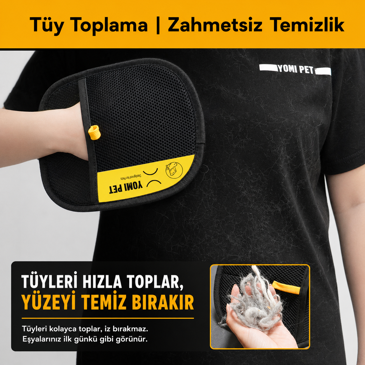 YOMI PET Tüy Toplayıcı Eldiven - Kedi & Köpek Tüyü Temizleyici