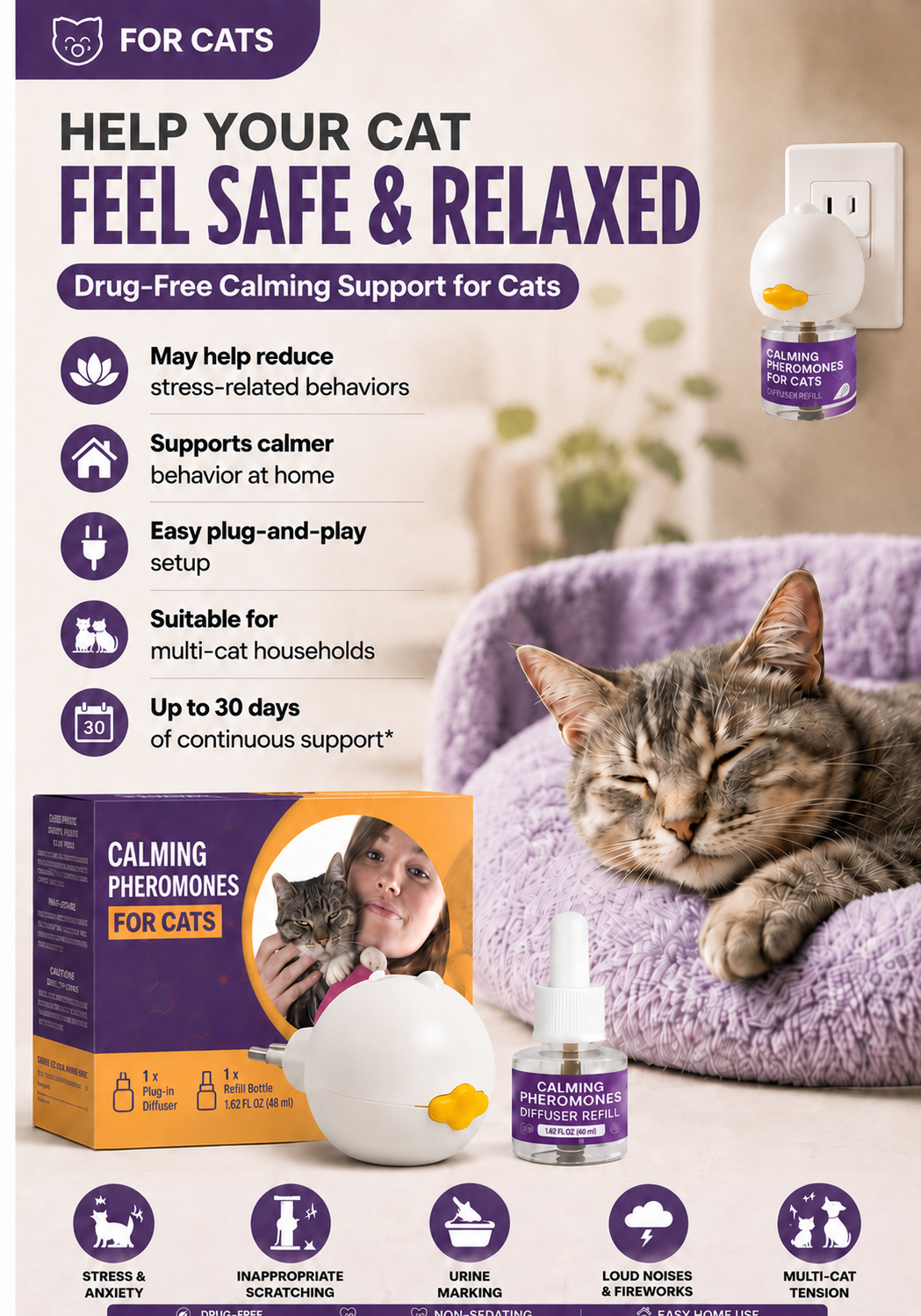 Stop Pet Anxiety Fast - Calming Pheromone Diffuser for Cats &Dogs