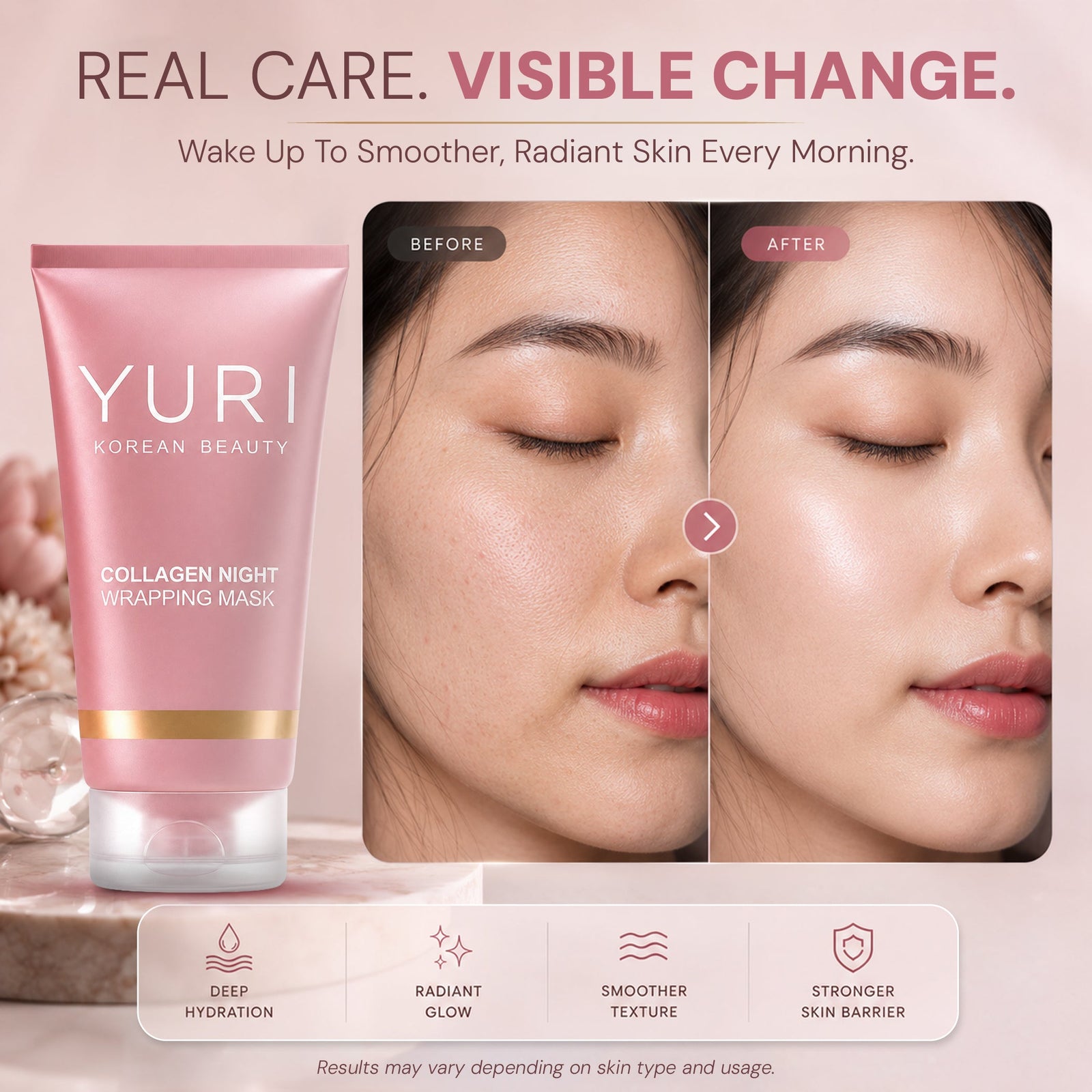 YURI Collagen Night Wrapping Mask before and after comparison