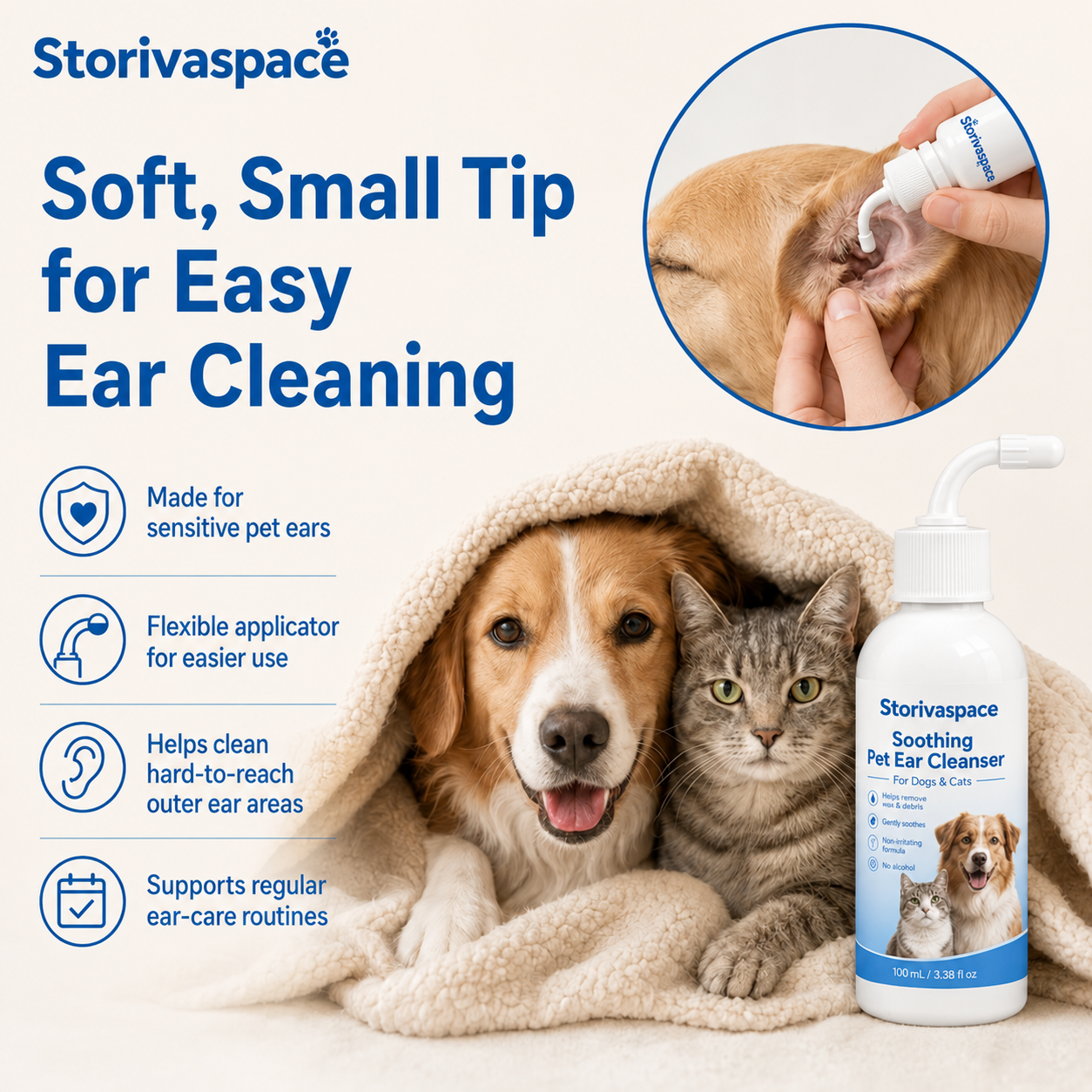 🐾 Soothing Pet Ear Cleanser – Gentle Wax, Odor & Itchy Ear Care for Dogs & Cats 💙